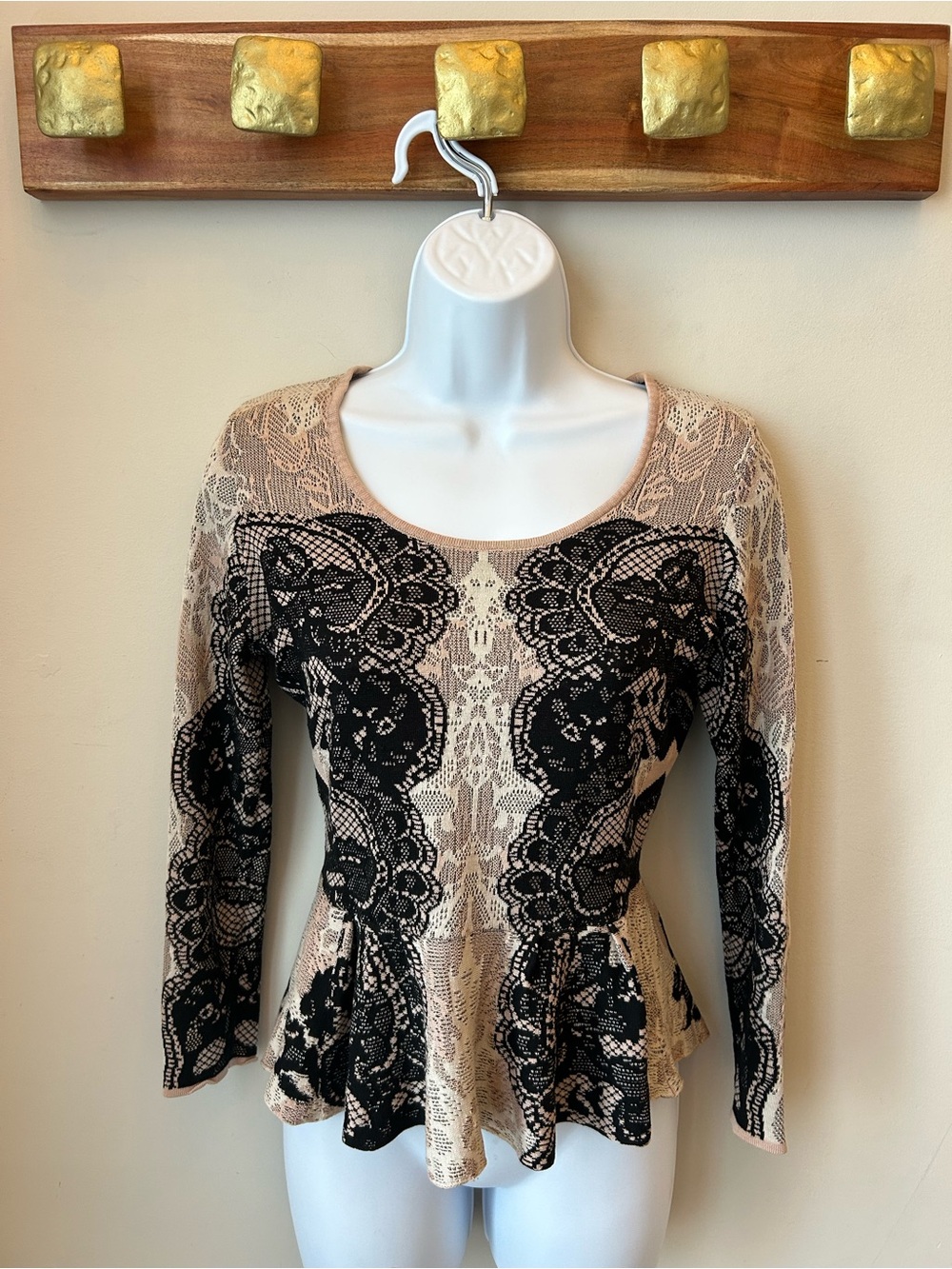 BCBGMaxAzria Beige Lace-Overlay Peplum Top Approx Size Small Whimsigoth Fairy
